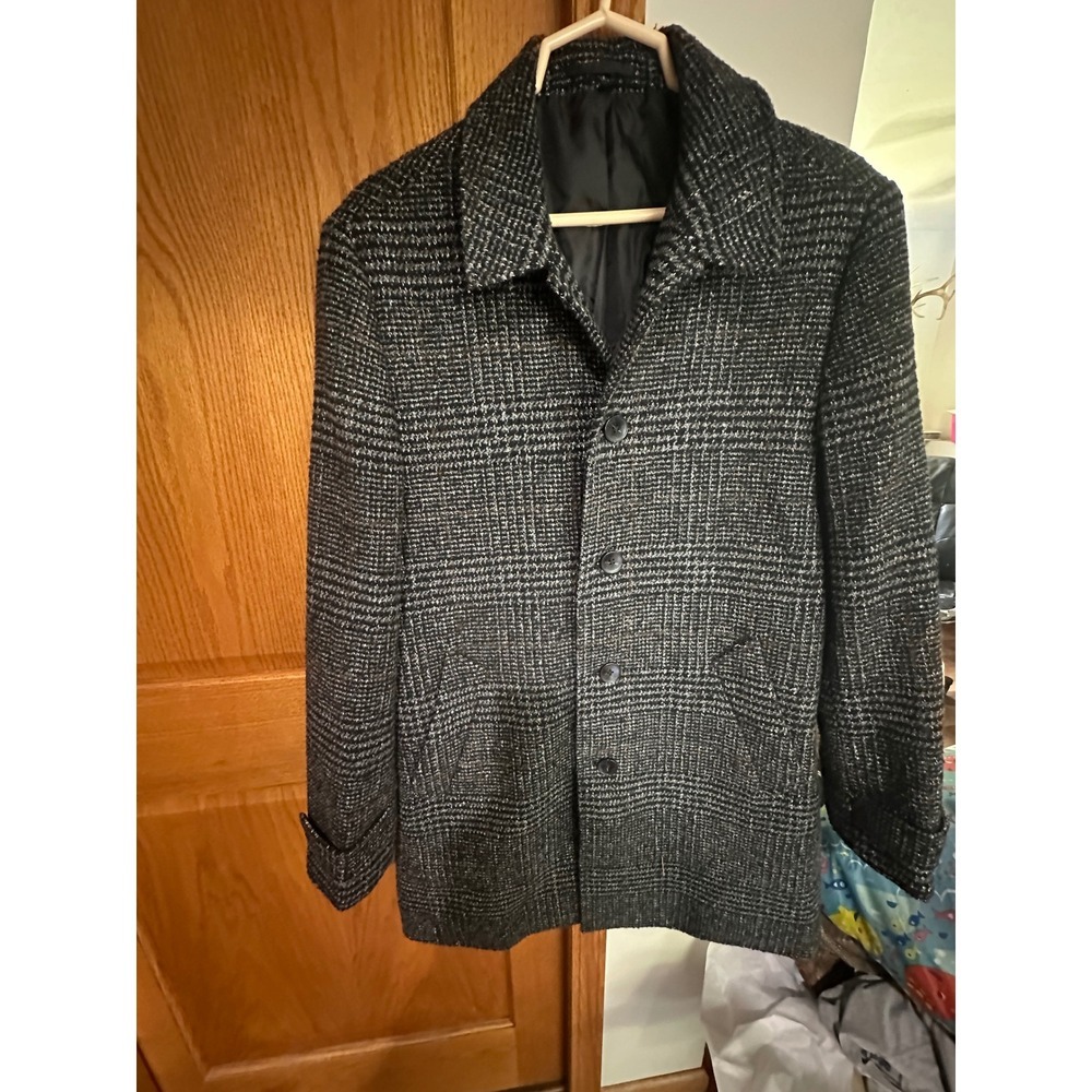 Mens Wool Blend Glen Plaid Car Coat Black Grey Check Overcoat Jacket L